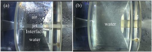 Two flow states inside the cavity: (a) unsubmerged flow state; (b) submerged flow state (recorded by a common video camera).