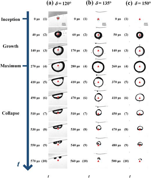 Photographs of cavitation bubble for different values of the hydrofoil’s eccentricity angle δ: (a) δ = 120°; (b) δ = 135°; (c) δ = 150°.