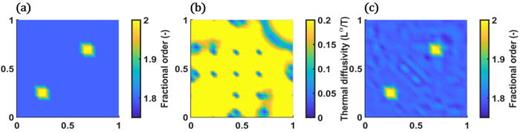 FIG. 2. Case 1: (a) Reference map of the 2D domain showing the distribution of the spatial order of the differential operator. (b) Reconstructed map of the thermal diffusivity distribution when an integer-order model is used for the forward problem. (c) Reconstructed map of the operator order when a fractional model is used for the forward problem.