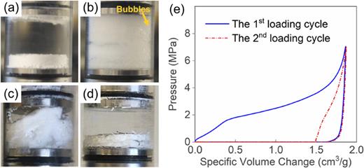 FIG. 3. (a)–(d) Snapshots of the LN sample: (a) before single-step test; (b)–(d) after single-step test. Liquid phase: (b) water, (c) 23 wt. % LiCl aqueous solution, and (d) 46 wt. % LiCl aqueous solution. (e) Typical sorption isotherm curves of degassed 46 wt. % LiCl aqueous solution based-LN.