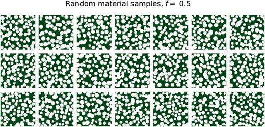 FIG. 4. Permittivity distribution of the numerical samples used for f=0.5. The dark color indicates the ferroelectric material, while the light color represents the dielectric inclusions.