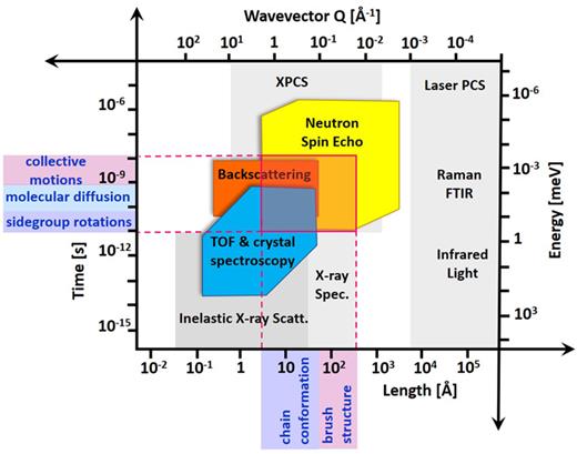 Schematic of various spectroscopy methods elucidating the length and energy/time scales accessible by QENS techniques (shown in color) along with examples of polymer dynamics that can be probed using respective techniques.