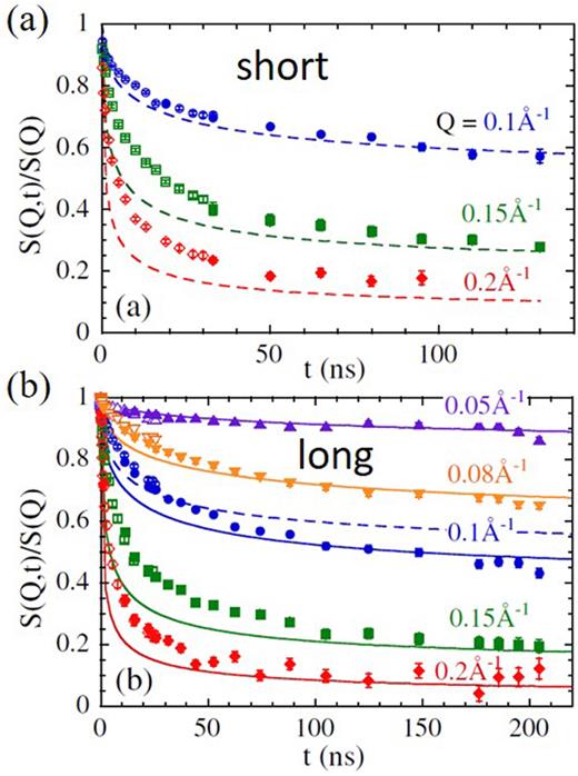 Single chain dynamic structure factor for short (a) and long (b) chains confined in anodized alumina at well-defined Q values. Dashed lines in (a) represent De Gennes curves fitting the bulk PEO behavior. Solid lines in (b) are fits with the value of the Rouse rate fixed to that in the bulk, delivering a confinement diameter value of 60.3 Å. Reprinted with permission from Martín et al., Phys. Rev. Lett. 104, 197801 (2010). Copyright 2010 American Physical Society.