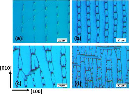 FIG. 3. Variation in cellular domains on annealed and quenched Fe–15 at. % Ga, including tapered cells growing from zigzag boundaries (a), cells with a somewhat rectangular shape (b), branching cells (c), and nested structures with cells growing from the boundaries of other cells (d).
