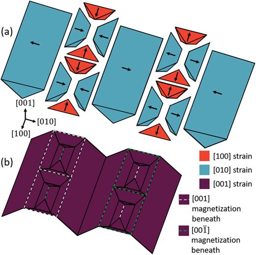 FIG. 7. 3D view of cellular domains. The surface domains are shown separately above (a), with the internal domains shown below (b). The strain states of the domains are represented by their color. For the surface domains, the magnetization is shown by arrows. For the internal domains, a dotted line represents the magnetization of the domain beneath each V-line.