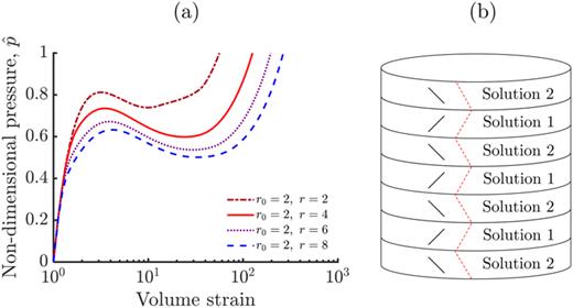 FIG. 5. (a) Pressure–volume relation for the inflation of a nematic cylinder. (b) Formation of stripe domains that avoid any torsion—the lines describe the director, while the dashed line is the deformed shape of a fiducial line that is initially straight and axial.
