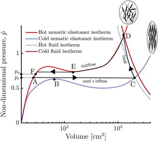 FIG. 6. The operation of a pump with an input pressure pi and output pressure po by heating and cooling a nematic cylinder.