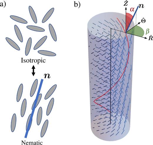FIG. 3. (a) Schematics of isotropic–nematic transition and the resulting alignment along n. (b) Example of a R-independent director field with α=π/4 and β=π/2, as shown on the top face. In red, we mark a helical integral curve to highlight the chirality of the director field.
