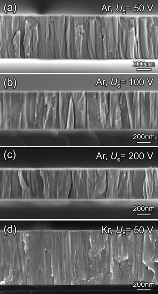 FIG. 10. Fracture cross-sectional SEM micrographs from the Ar sputtered W films grown with synchronized Us of (a) 50, (b) 100, (c) 200 V, and (d) by using Kr gas with sync. Us = 50 V.