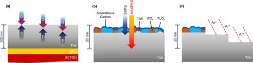 FIG. 1. Schematic profiles of Si/SiO2/TiW device stacks. (a) A simplified model of the titanium and oxygen diffusion process within TiW. It is assumed that Ti will diffuse from within the bulk and accumulate at the free surface, whereas oxygen is assumed to penetrate the TiW both at the surface and within the bulk. (b) A detailed TiW surface, showcasing the assumed nature of the oxidation scale and adventitious carbon surface layers. The blue and orange arrows in the center illustrate the probing depth of SXPS compared to HAXPES, respectively. (c) An illustration of the SXPS depth profile, (L to R) the as-received sample, a first sputtering cycle, and then a second sputtering cycle.