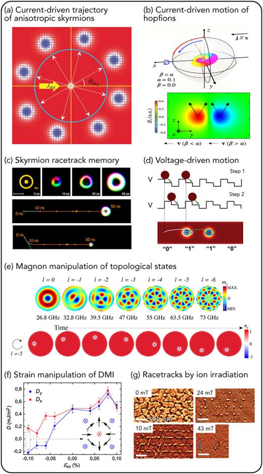 Manipulation strategies for topological magnetic states, excluding curvature-induced effects discussed in Fig. 3. (a) Spin Hall effect-induced motion of anisotropic skyrmions. Reproduced with permission from Jin et al., Appl. Phys. Lett. 114, 192401 (2019). Copyright 2019 AIP Publishing LLC. (b) Current-driven motion of hopfions by spin-transfer torque revealing rotation and expansion or shrinking depending on spin damping   α and non-adiabatic coefficient   β. Bottom image shows cross-sectional view of emergent magnetic field with velocities for vortex and antivortex configuration. Reproduced with permission from Liu et al., Phys. Rev. Lett. 124, 127204 (2020). Copyright 2020 American Physical Society. (c) Optically induced current pulse nucleation and current-driven displacement by spin–orbit torque of skyrmionium as compared with skyrmion. From Göbel et al., Sci. Rep. 9, 12119 (2019). Copyright 2019 Author(s), licensed under a Creative Commons Attribution (CC BY) license. (d) Voltage control of magnetic anisotropy mediated by adjacent dielectric layer for directional motion of topological states. Reproduced with permission from X. Wang, W. L. Gan, J. C. Martinez, F. N. Tan, M. B. A. Jalil, and W. S. Lew, Nanoscale 10, 733 (2018). Copyright 2018 Royal Society of Chemistry. (e) Magnetic trapping of magnetic skyrmion by vertical magnons with large orbital angular momentum. Reproduced with permission from Jiang et al., Phys. Rev. Lett. 124, 217204 (2020). Copyright 2020 American Physical Society. (f) Strain manipulation of magnetic exchange interaction in Co/Pt multilayers. Reproduced with permission from Gusev et al., Phys. Rev. Lett. 124, 157202 (2020). Copyright 2020 American Physical Society. (g) Formation of skyrmions by helium ion irradiation-induced modifications to magnetic anisotropy and exchange in Pt/Co/MgO. Reproduced with permission from Juge et al., Nano Lett. 21, 2989 (2021). Copyright 2021 American Chemical Society. (a)–(e) and (f) and (g) are numerical and experimental data, respectively.