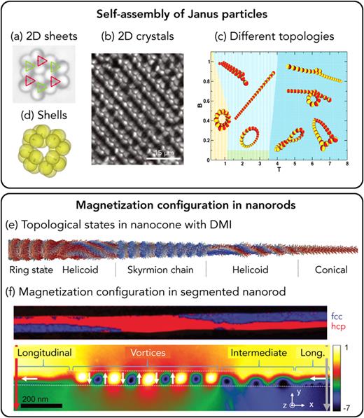 Magnetization configurations in 0D and 1D nanostructures. (a)–(d) Self-assembly of magnetic Janus particles into (a) and (b) 2D arrays with specific symmetry (static), (c) straight chains, closed loops, and helices (static, length, temperature, and field dependent), and (d) 3D shells (static, electric charge-stabilized). (a) Reproduced with permission from Baraban et al., Phys. Rev. E 77, 031407 (2008). Copyright 2008 American Physical Society. (b) Reproduced with permission from Tsyrenova et al., Langmuir 35, 6106–6111 (2019). Copyright 2019 American Chemical Society. (c) Reproduced with permission from Hernández-Rojas and Calvo, Phys. Rev. E 97, 022601 (2018). Copyright 2018 American Physical Society. (d) Reproduced with permission from D. Morphew and D. Chakrabarti, Nanoscale 10, 13875 (2018). Copyright 2018 Author(s), licensed under a Creative Commons Attribution (CC BY) license. (e) 3D non-collinear spin textures forming in FeGe nanorods with DMI revealing dependence on spatial confinement (diameter). Reproduced with permission from Charilaou and Löfller, Phys. Rev. B 95, 024409 (2017). Copyright 2017 American Physical Society. (f) Magnetization in Co-rich CoNi nanorods with face-centered cubic (fcc) and hexagonal close packed (hcp) crystal structures visualized with electron holography. Reproduced with permission from Andersen et al., ACS Nano 14, 1399 (2020). Copyright 2020 American Chemical Society. (a), (b), and (f) and (c)–(e) are experimental and numerical data, respectively.