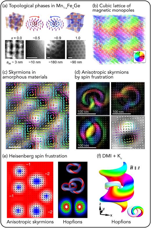 Topological states stabilized by inversion symmetry breaking and spin frustration. (a) Topological phase transitions between trigonal and cubic skyrmion phases in B20     Mn  1 − x   Fe x  Ge with   x visualized with Lorentz microscopy (electron intensity shown). From Kanazawa et al., New J. Phys. 18, 045006 (2016). Copyright 2016 Author(s), licensed under a Creative Commons Attribution (CC BY) license. (b) Ab initio calculations of MnGe based on Heisenberg spin frustration without DMI revealing cubic lattice of skyrmions and magnetic monopoles. Reproduced with permission from Mendive-Tapia et al., Phys. Rev. B 103, 024410 (2021). Copyright 2021 American Physical Society. (c) Coexistence of helical spins and skyrmions in amorphous Fe–Ge films visualized with Lorentz microscopy (electron phase and magnetization depicted). Reproduced with permission from Streubel et al., Adv. Mater. 33, 2004830 (2021). Copyright 2021 John Wiley and Sons. (d) Anisotropic skyrmions in (left)     La  1 − x   Sr x   MnO 3, transforming into each other via field–driven motion of Bloch lines and (right) amorphous Fe–Ge retrieved from Lorentz microscopy. Reproduced with permission from Yu et al., Adv. Mater. 29, 1603958 (2017). Copyright 2017 John Wiley and Sons and from Streubel et al., Adv. Mater. 33, 2004830 (2021). Copyright 2021 John Wiley and Sons. (e) Formation of anisotropic skyrmions and topological knots (hopfions, preimages, and cross section shown) by Heisenberg spin frustration retrieved from micromagnetic simulations. From Zhang et al., Nat. Commun. 8, 1717 (2017). Copyright 2017 Author(s), licensed under a Creative Commons Attribution (CC BY) license and Sutcliffe, Phys. Rev. Lett. 118, 247203 (2017). Copyright 2020 American Physical Society. (f) Metastable hopfion relaxed in system with DMI and uniaxial symmetry by micromagnetic simulations (preimages shown). Reproduced with permission from Balasubramanian et al., Phys. Rev. Lett. 125, 057201 (2020). Copyright 2020 American Physical Society. (a), (c), and (d) and (b), (e), and (f) are experimental and numerical data, respectively.