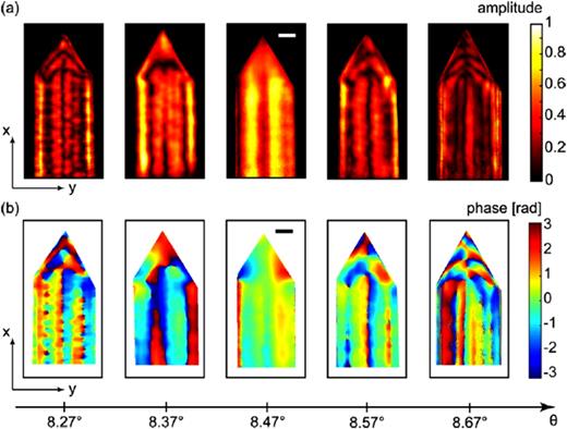 Results of reconstructions of two-dimensional (2D) x-ray Bragg ptychography (XBP) on a single 400 nm-thick InGaN/GaN coreshell nanowire. Amplitudes (a) and phases (b) of the NW reconstruction for five angular positions of the rocking curve scan. Scale bars are equal to 100 nm. Reproduced with permission from Dzhigaev et al., ACS Nano 11(7), 6605–6611 (2017). Copyright 2017 American Chemical Society.