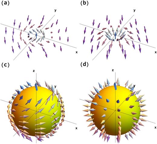 FIG. 10. Magnetic textures corresponding to Bloch (a) and Néel (b) skyrmions with topological charge Q = 1. For Bloch (c) and Néel (d) skyrmions, the vectors representing magnetization direction wrap around a unit sphere upon the application of stereographic projection from two-dimensional space to unit sphere.
