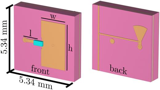 Front side (left) and back side (right) of the unit cell of the RIS. The orange structures are made of copper. The pink board represents the RO4350B substrate. The cyan-colored box indicates the varactor diode. The dimensions of the copper antenna are h = 3.77 mm, w = 2.1 mm, and l = 1.28 mm.