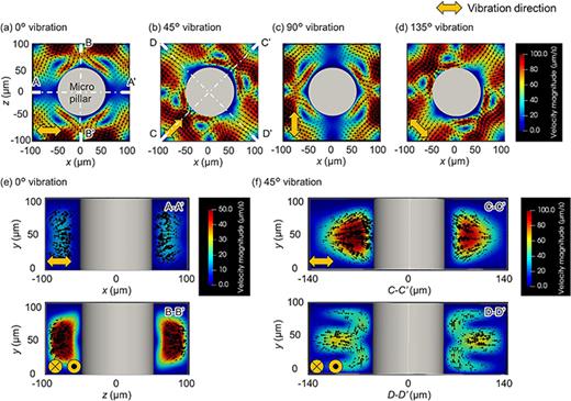 (a)–(d) 2D vector plots of time-averaged Lagrangian velocity field in the x–z plane at y = 47.5 μm around a cylindrical pillar obtained under (a) 0°, (b) 45°, (c) 90°, and (d) 135° vibrations with respect to the x axis. (e) and (f) 2D vector plots of time-averaged Lagrangian velocity field in vertical (y) planes parallel and vertical to (e) 0° and (f) 45° vibration directions.