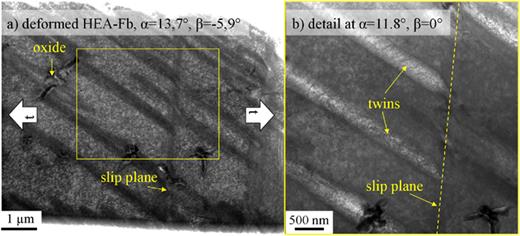 (a) Bright-field STEM diffraction contrast imaging (DCI) image of the tensile deformed HEA-Fb lamella with marked direction of tensile strain (horizontal axis), acquired with Titan G2 60–300 at 300 kV, camera length 230 mm in Columbus, OH. (b) Detail of twins with a different camera length of 115 mm.