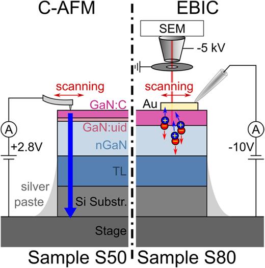 Investigated GaN:C/nGaN bilayer test structures: S50 (left) and S80 (right). S50 has a 40 nm GaN:C buffer layer with 10 nm GaN:uid on top of 1 μm of nGaN, transition layers, and the Si(111) substrate. S80 is made of an 80 nm GaN:C buffer layer with 1.7 μm nGaN on top of transition layers and the Si(111) substrate. Sample S50 is optimized for use in C-AFM, while S80 is optimized for EBIC analysis.