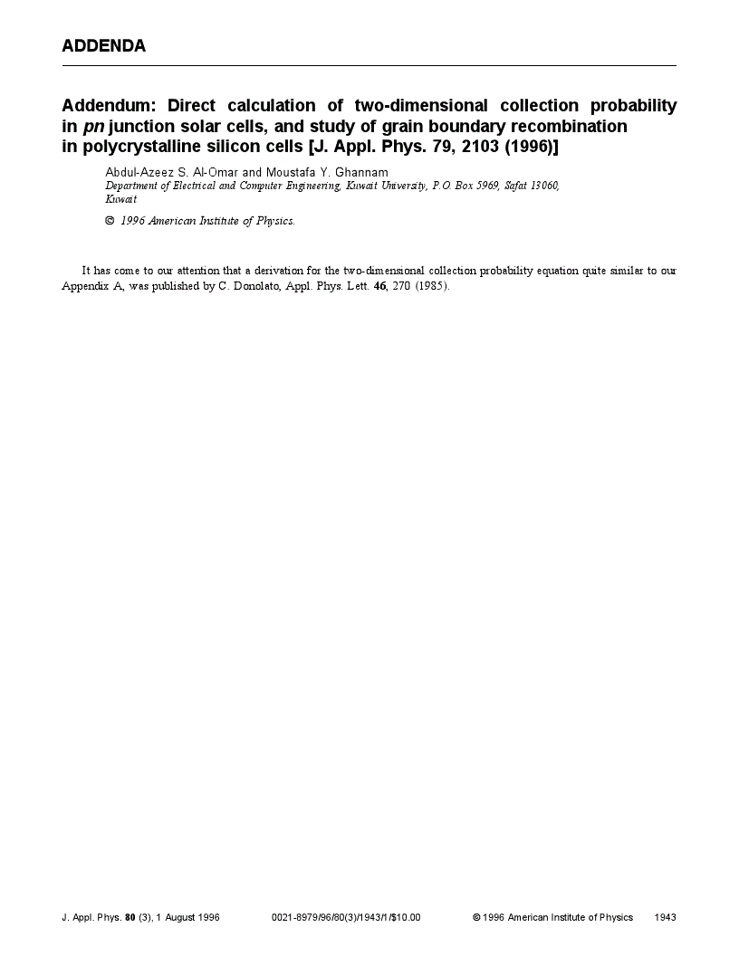 Addendum: Direct calculation of two‐dimensional collection probability ...