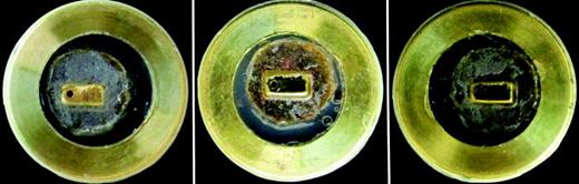 Fig. 2. The MEMS microphone fixed in the adapter with the sound port at the three radial locations: 0.45r (left), 0.28r (center), and 0.09r (right), where r is the 4.0 mm bore radius.
