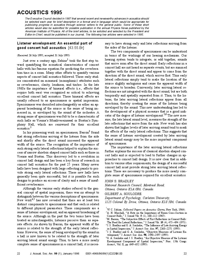 First page of Acoustics 1995: Listener envelopment: An essential part of good concert hall acoustics