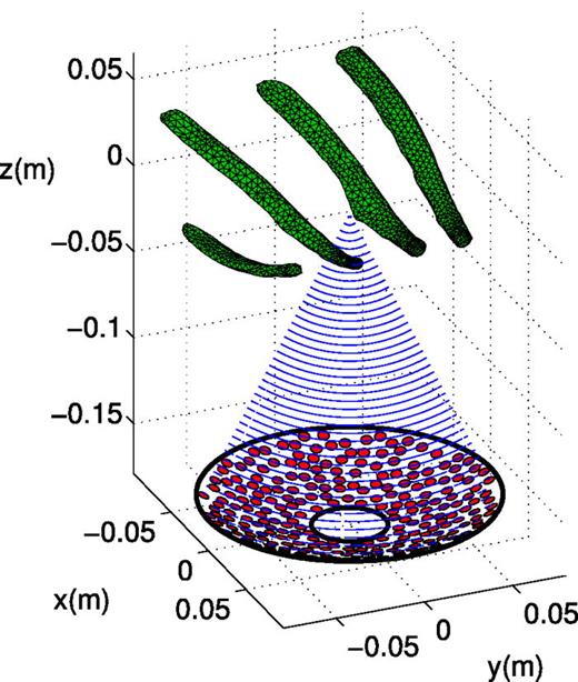 FIG. 1. (Color online) The model HIFU configuration of a multi-element array of transducers. The transducer array is a spherical strip with 256 piston elements modeled by disks facing to the focal point at the global origin. The ultrasound rays (depicted by the dotted lines) from each piston element focus inside the ribcage. A coarse mesh is visualized on the surface of the ribs.