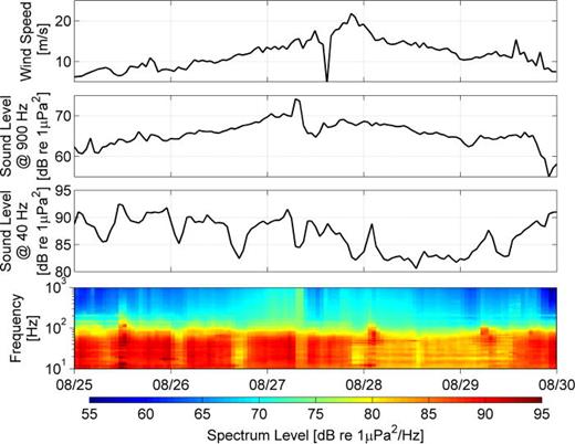 FIG. 7. (Color online) Hourly average wind speed from NOAA NDBC station 42003 (top panel), sound pressure level at 900 Hz (second panel), sound pressure level at 40 Hz (third panel), and spectrogram using 1 h average sound pressure spectrum levels (bottom panel) for site DT during period of tropical storm and hurricane Isaac passage 25–30 August 2012. The storm has ∼6 h time lag between site DT and station 42003. The “eye” of the storm is clearly shown as a low in both wind speed and 900 Hz sound pressure levels. The 40 Hz sound pressure levels are largely uncorrelated with the storm, but show over 10 dB of variability in airgun activity over the 5 d.