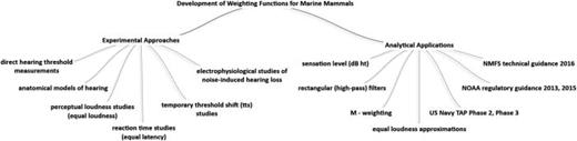 FIG. 13. Experimental approaches (discussed in Sec. IV) providing data to support the development of weighting functions of marine mammals are indicated on the left, while analytical frameworks derived from these data are shown on the right (this section).