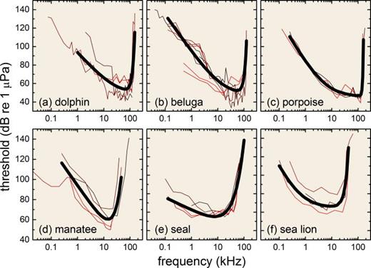 FIG. 8. (Color online) Representative psychophysical audiograms for some of the better studied marine mammals: (a) bottlenose dolphins (Johnson, 1967; Ljungblad et al., 1982; Lemonds, 1999; Schlundt et al., 2008; Finneran et al., 2010a) (b) belugas (Delphinapterus leucas) (White et al., 1978; Awbrey et al., 1988; Johnson et al., 1989; Ridgway et al., 2001; Finneran et al., 2005a), (c) harbor porpoises (Phocoena phocoena) (Kastelein et al., 2002; Kastelein et al., 2010; Kastelein et al., 2015c), (d) manatees (Trichechus manatus) (Gerstein et al., 1999; Mann et al., 2009), (e) harbor seals (Phoca vitulina) (Terhune, 1988; Kastelein et al., 2009; Reichmuth et al., 2013), (f) California sea lions (Zalophus californianus) (Mulsow et al., 2012; Reichmuth and Southall, 2012; Reichmuth et al., 2013). The thin lines indicate the measured thresholds; thick lines show the best fit of the equation T(f) = T0 + Alog10(1 + F1/f) + (f/F2)B, where T(f) is the threshold at frequency f, and T0, F1, F2, A, and B are fitting parameters to the median threshold at each frequency.