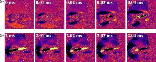 (Color online) Imaging results of castanet A. The images are the difference of two
              adjacent frames. (a) The initial pressure waves caused by the collision of the shells
              are visualized. (b) The pressure distributions between the shells are observed.