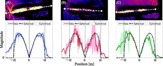 (Color online) (Top) Magnitude images of the second modes. The pixel values
              correspond to the amplitudes of the components at frequency f2. Each dashed line indicates the center of the three
              lines used for calculating the spatial profile of each bottom plot. The three lines
              are parallel and one pixel apart along the vertical direction. (Bottom) The spatial
              profiles of the second modes extracted from the PPSI data (solid lines) and the line
              integral of the modal shape of the spherical cavity (dashed-dotted lines) and that of
              the cylindrical cavity (dashed lines) of radius a. The origins of the
              horizontal axes represent the positions of the nodes. The magnitudes were normalized.
              The experimental data are the average of the three parallel lines (only the center
              lines are shown in the top plots). The filled areas correspond to their standard
              deviations.