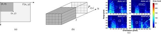 Fig. 1. (Color online) (a) The schematic diagram of integral image for an image f(x, y). (b) The schematic diagram of integral image for a sequence of sonar echographs {Pxy,i}i∈N. (c) One example of the active sonar echograph from the last frame of each data set, and targets are marked by white rectangles.