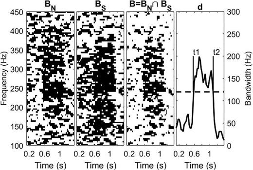 FIG. 14. Directional detector for a fish call event on February 25, 07:12 HST, with DASAR N looking between 135° and 225° and DASAR S looking between 45° and 135° (clockwise from north). The overlap of the binary masks, summed across frequency, defines the detection timeseries.