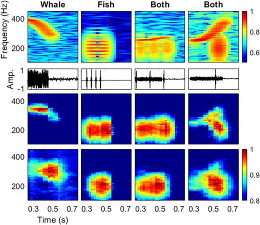 FIG. 9. (Color online) Simulated coral reef bioacoustic signals successfully classified using DEC. From top to bottom rows: input spectrograms, simulated timeseries, initial DEC reconstruction, and DEC reconstruction after adding clustering loss.
