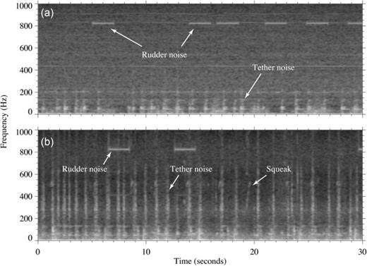 FIG. 5. Spectrograms of audio from a DMON shock mounted in foam and attached to a wave glider sub during (a) very calm sea conditions off Race Point, MA on May 21, 2014, and (b) choppy seas with abundant whitecaps (20–25 knot winds) in Buzzards Bay, MA on May 28, 2014. Noises referred to in the text are labeled.
