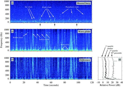 FIG. 8. (a) and (b) Spectrograms of audio recorded simultaneously at roughly the same location by (a) a DMON mounted near the sea floor (DMON at 34 m in 35 m water depth) and (b) a wave glider equipped with a DMON and an attached hydrophone array suspended at 7 m depth. The wave glider circled the moored DMON at a nominal distance of 300 m [Fig. 3(c), inset], and the wind speed was approximately 8 knots at the time of these recordings as measured at a meteorological station 15.5 miles to the north of the moored DMON. Note that the surface and flow noise in (b) mask many (but not all) of the whale sounds. (c) Spectrogram (power in dB) of moored buoy audio in (a) subtracted from the spectrogram (power in dB) of wave glider audio in (b). Since the hydrophones were not calibrated, the spectrograms were intercalibrated by making the relative power in each spectrogram equal for the three right whale calls indicated by arrows in (a); while received levels can differ because of receiver depth alone (7 vs 34 m), propagation modeling (not shown) suggested that these differences were quite small (a few dB). (d) Distribution of differences shown in (c) with frequency.