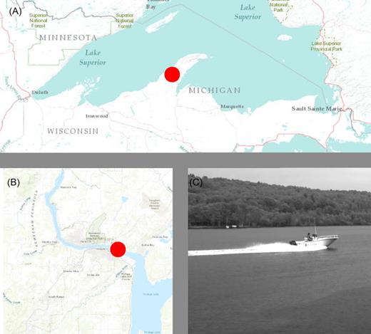 FIG. 3. (Color online) Experiment location at Keweenaw Portage Waterway: (A) location in upper peninsula of Michigan, (B) location in Keweenaw peninsula, and (C) on-site location of experiment.