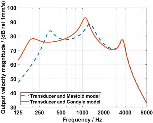 FIG. 20. (Color online) The output velocity magnitude of the transducer model in Fig. 17 excited by 1 V and loaded with the impedance of the measured mastoid (dashed line) and the measured condyle (solid line).