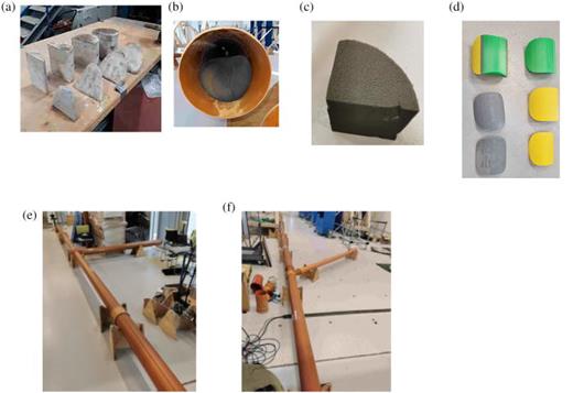 (Color online) Blockage and lateral junctions simulated in the iCAIR laboratory: (a) different size of concrete blockages; (b) sandbag blockage in the pipe; (c) foam blockage; (d) plastic blockages three-dimensionally (3D) printed; (e) 90° lateral connection; (e) 45°/135° lateral connection.