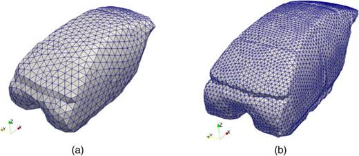 (Color online) Two boundary element meshes for the two fidelity levels. A coarse mesh with 1906 DOFs is adopted as the LF model (a). A finer mesh with 24 036 DOFs is considered as the HF model (b).