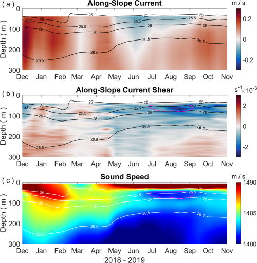(Color online) Time series of (a) 30-day averaged along-slope velocity, (b) vertical shear of 30-day averaged along-slope velocity, and (c) 30-day averaged sound speed profiles at the OOI-CEA Washington Offshore profiler mooring for December 2018 to November 2019. Positive values of along-slope velocity indicate poleward currents, while positive values of along-slope velocity shear indicate a decrease in velocity value with increasing depth. The contour lines denote potential density (in kg/m3). The magenta contour line in (b) and (c) delineates the timeframe and depth range that encompass the minimum sound speed within the duct.