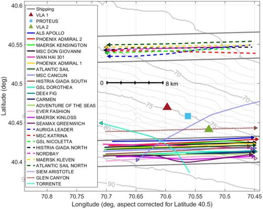 (Color online) Map of the paths of 24 ships that passed through the area during SBCEX 2022. The gray lines indicate the depth contour lines.