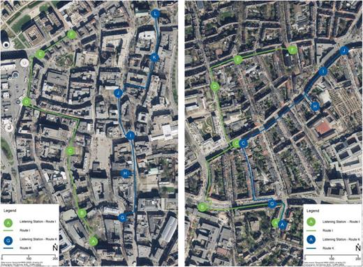 (Color online) Routes and listening stations in the inner city (left) and Holsterhausen (right).