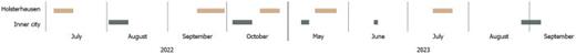 (Color online) Time periods of the surveys in Holsterhausen (brown) and the inner city (gray).