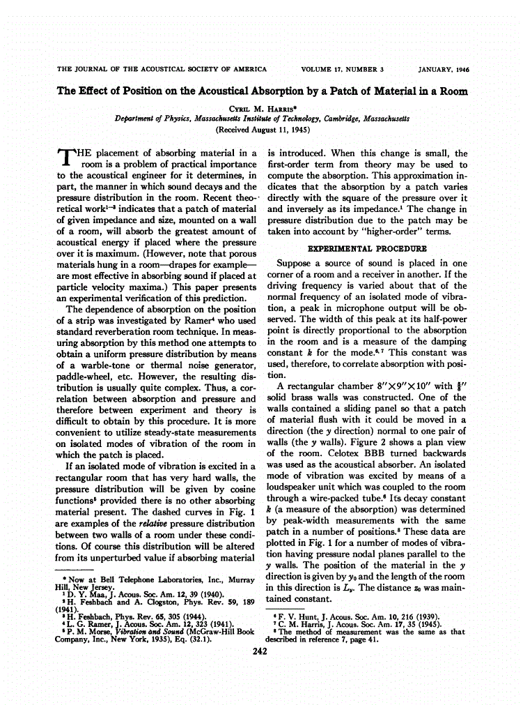 First page of The Effect of Position on the Acoustical Absorption by a Patch of Material in a Room
