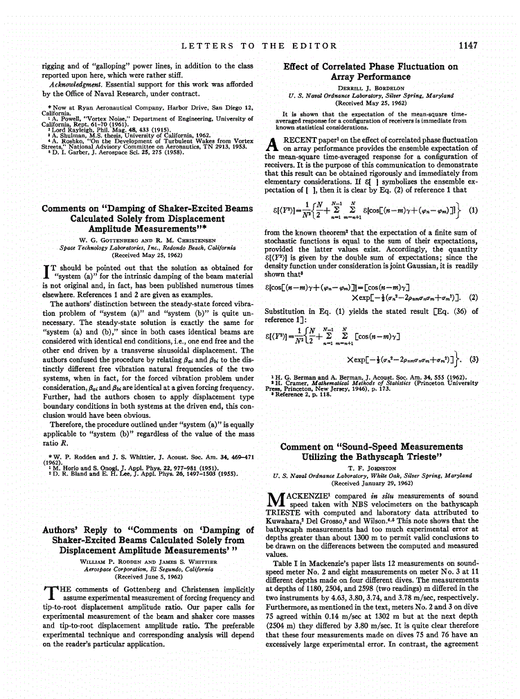 First page of Comment on “Sound‐Speed Measurements Utilizing the Bathyscaph Trieste”