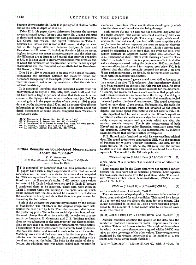 First page of Further Remarks on Sound‐Speed Measurements Aboard the “Trieste”