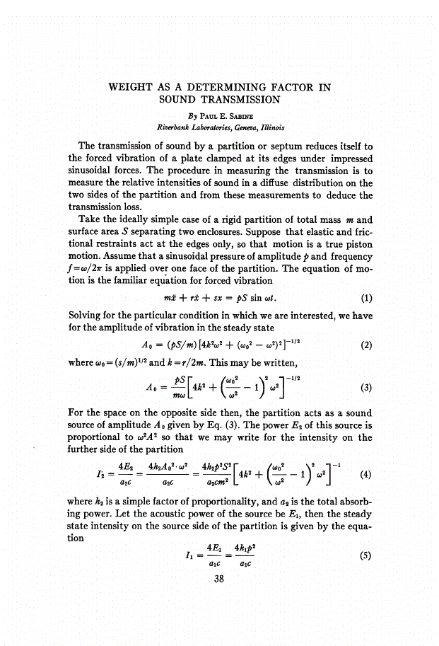 First page of WEIGHT AS A DETERMINING FACTOR IN SOUND TRANSMISSION