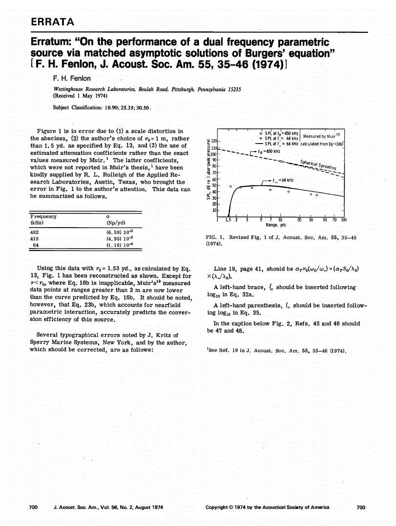 First page of Erratum: “On the performance of a dual frequency parametric source via matched asymptotic solutions of Burgers' equation” [F. H. Fenlon, J. Acoust. Soc. Am. 55, 35–46 (1974)]